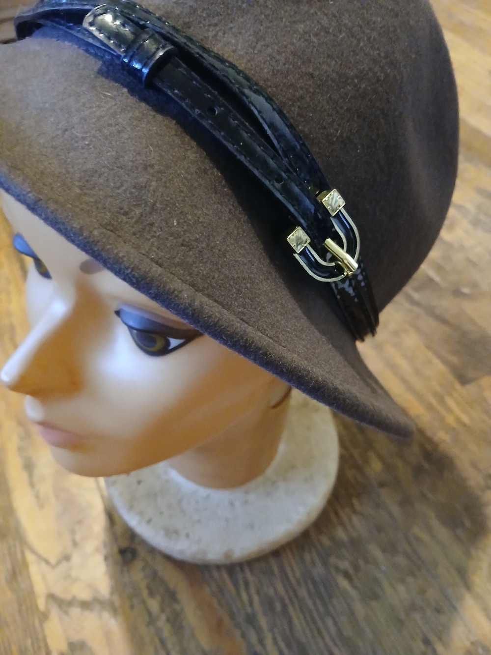 Liz Claiborne Brown Cloche Hat with Black Patent Trim and Gold Buckle
